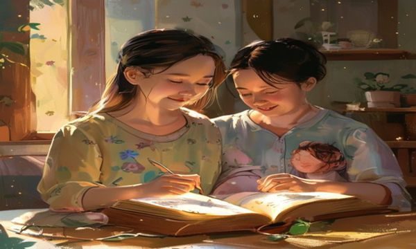 年轻的母亲在家中用绘本给两岁宝宝讲故事，画面充满亲子阅读的温馨氛围