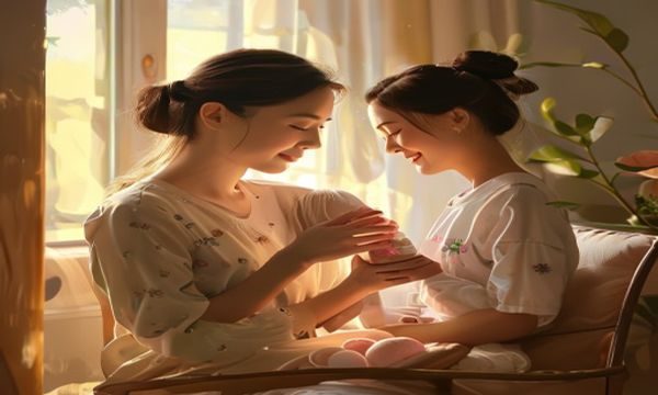 年轻的母亲在明亮育婴室内温柔地给新生儿哺乳，画面温暖柔和，光线充足